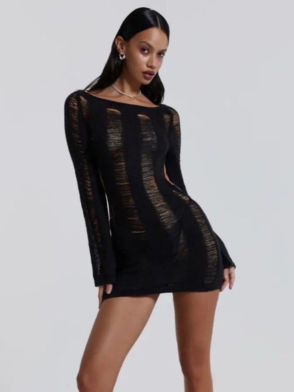 Jaded London Black Long-Sleeve Distressed Knit Tunic Dress
